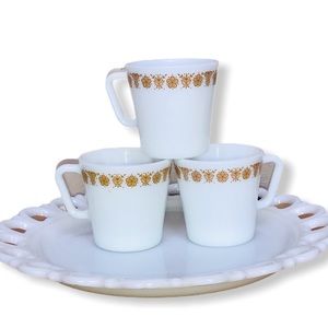 Set of 3 Yellow Pyrex Gold Butterfly and Flowers